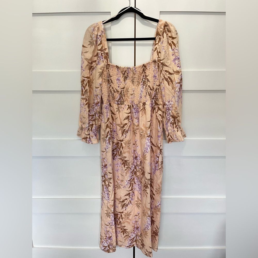 House of Harlow Linen Midi Dress Vintage Floral Peach Green Medium NWT - Picture 2 of 5